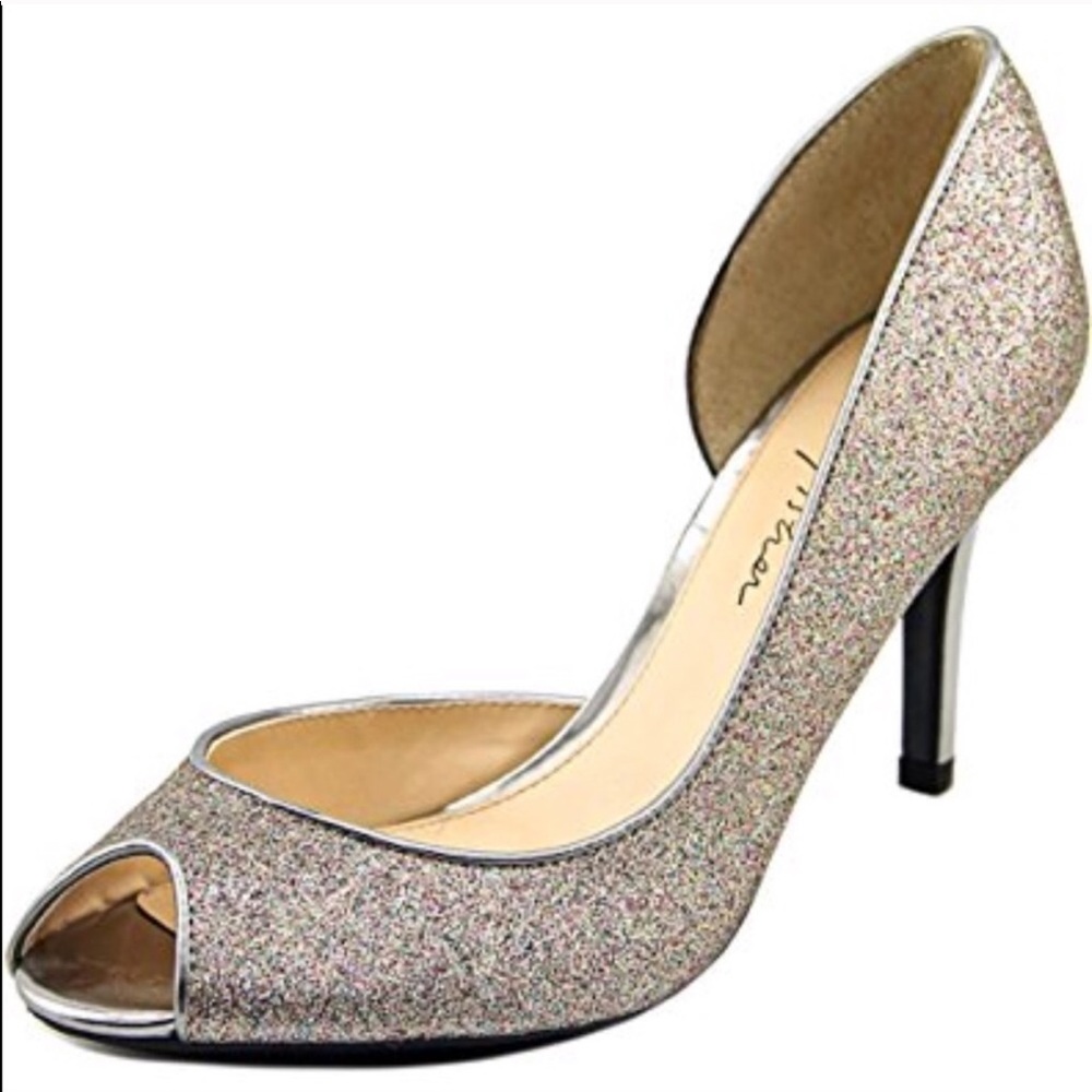 Marc Fisher size 7 silver sparkly peep toe heels